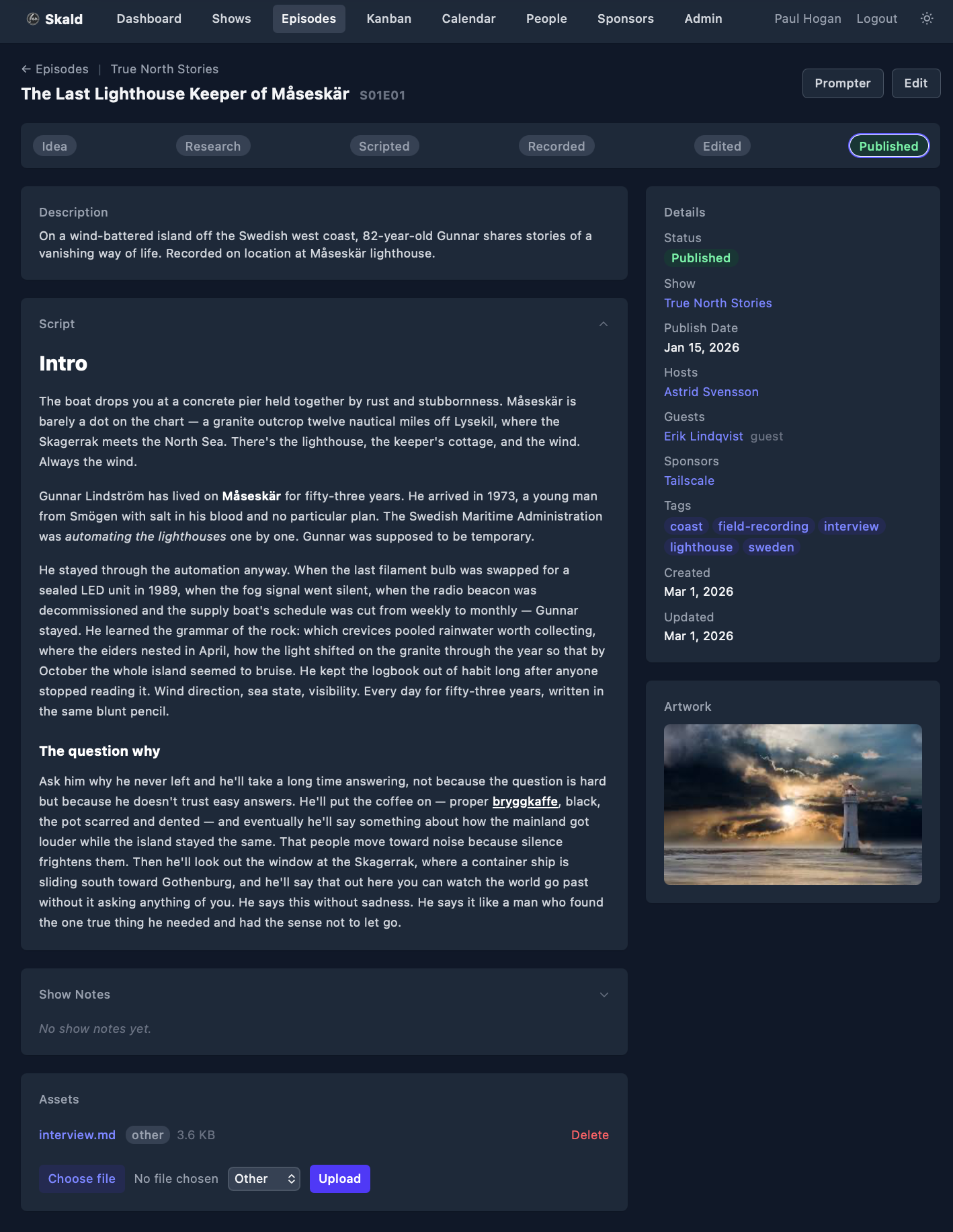 Skald episode detail view with script, metadata, tags, and artwork