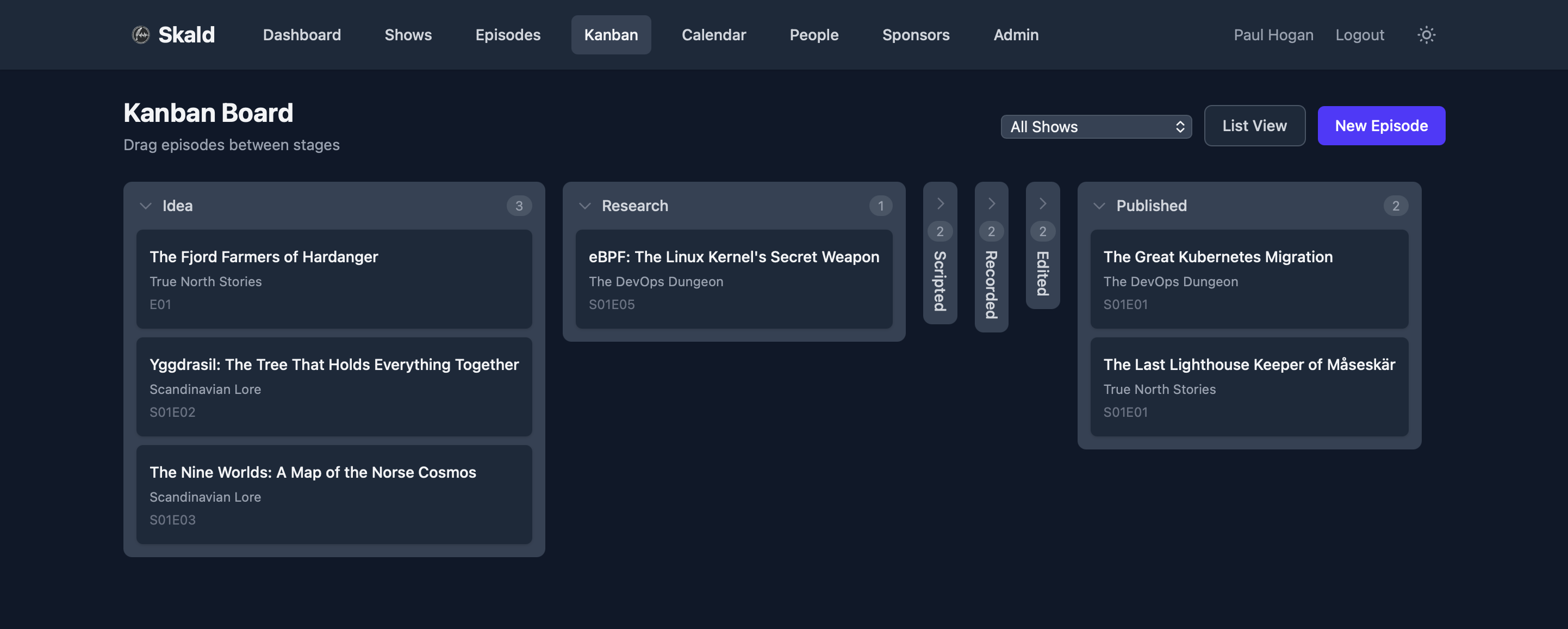 Skald Kanban board with episodes in Idea, Research, and Published columns
