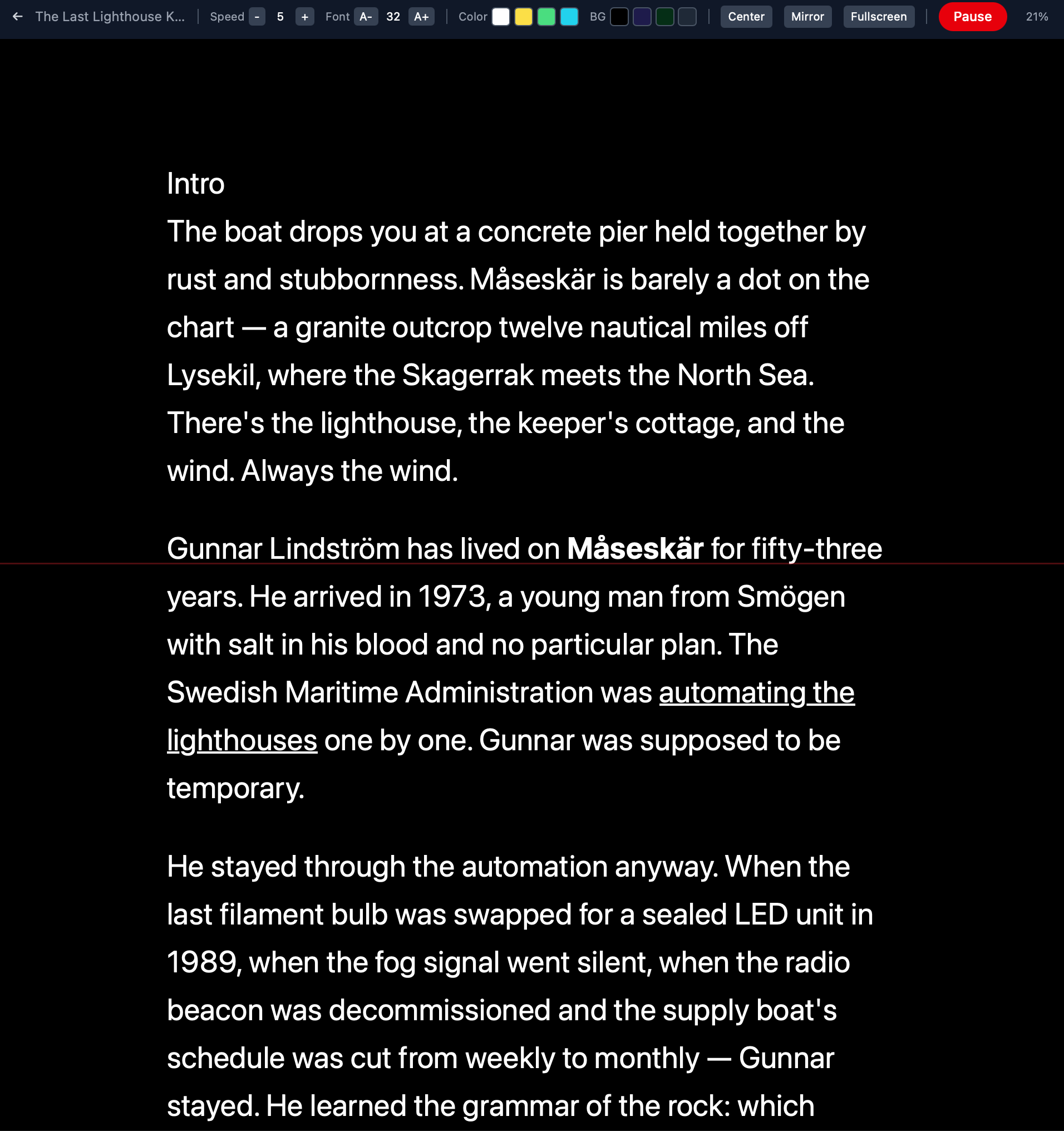 Skald script prompter with speed, font, and color controls in fullscreen mode